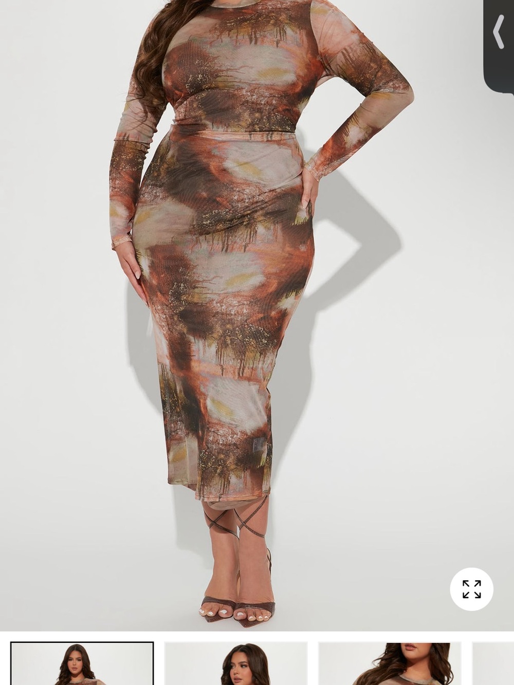 Mojave Mesh Long Sleeve Bodycon Maxi Dress in brown combo Rust Multi - Picture 7 of 7